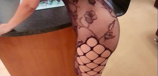  Sexy exhibitionist girl next door in black fishnet body stocking wants cream but gets fucked and oral creampie instead sloppy blowjob POV Indian